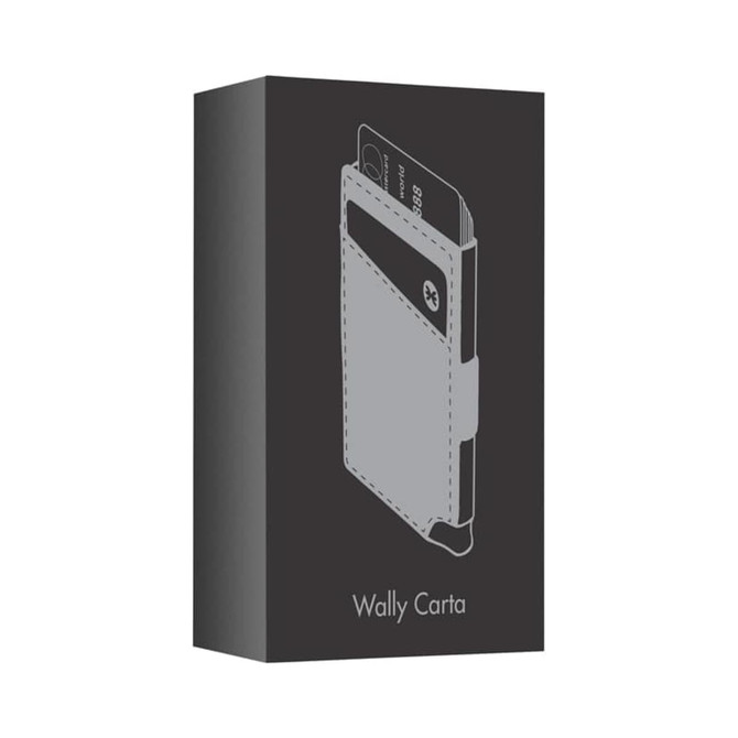 A grey vegan RFID wallet in a sleek box with a logo, designed for cards and compact storage.