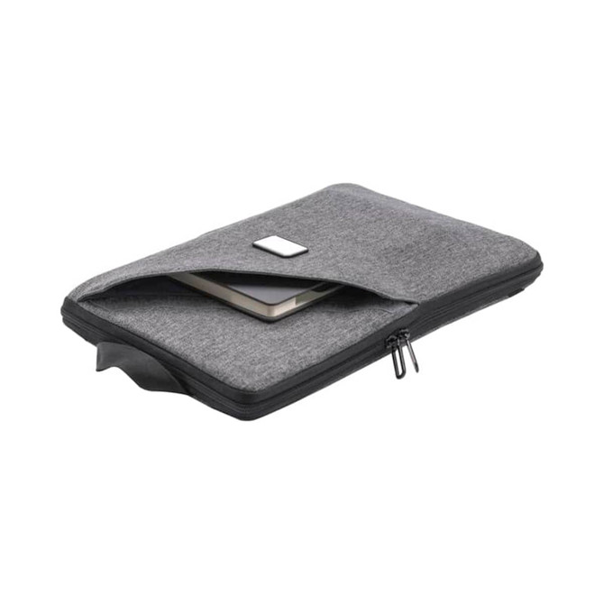 A grey laptop sling bag with a zip closure, containing a laptop inside. The bag features a branding logo.
