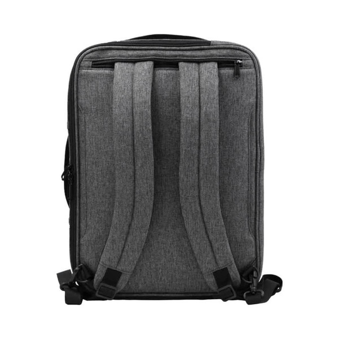 A grey laptop bag with padded shoulder straps and a sleek design, featuring a branding logo.
