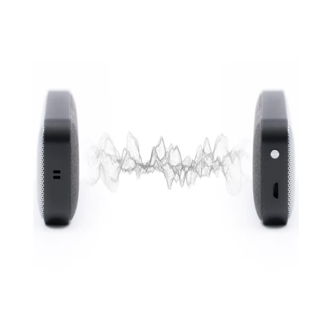 A pair of black Nano Vegan Wireless Speakers with sound waves visually represented between them.