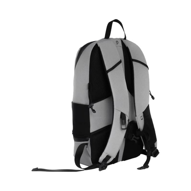 A grey and black backpack with padded straps and mesh detailing, featuring a logo.