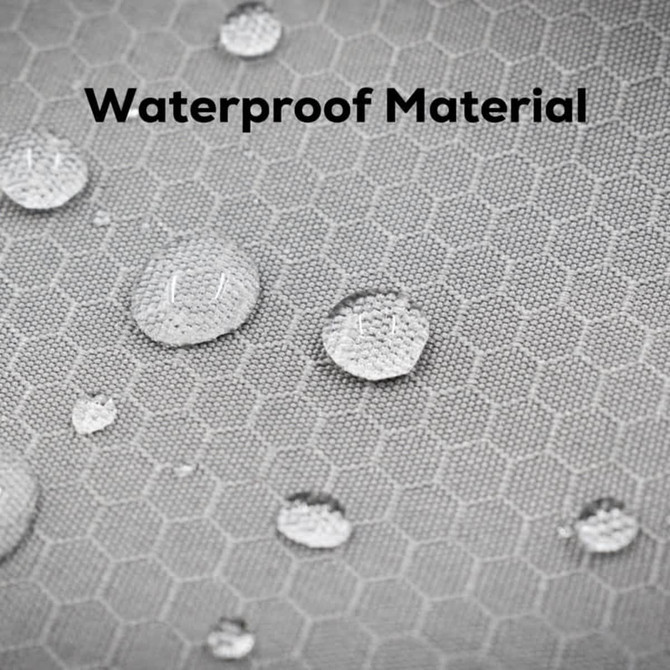 A close-up of waterproof material with water droplets on a textured, hexagonal pattern in light grey.