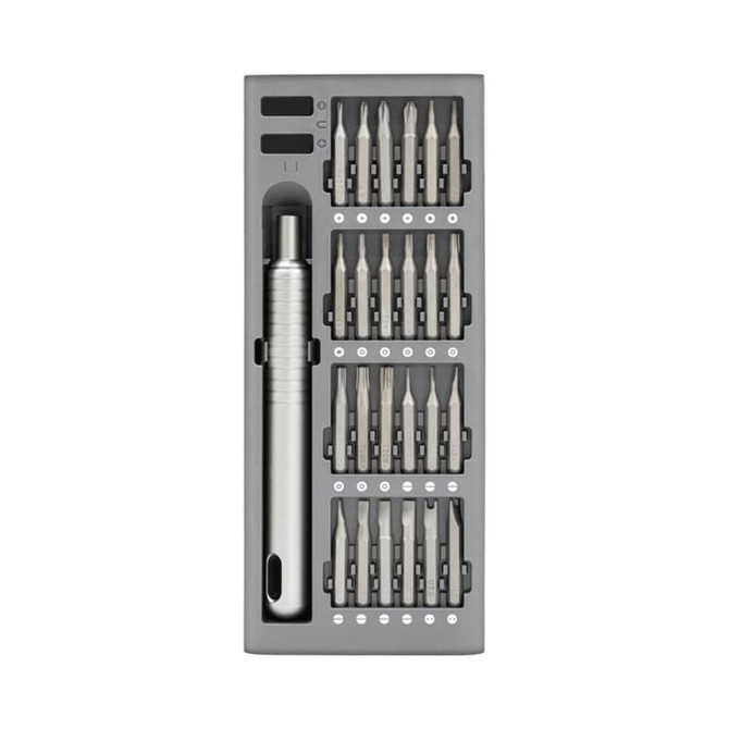 A precision tool kit in grey, featuring a handle and multiple interchangeable screwdriver bits, housed in a compact case.