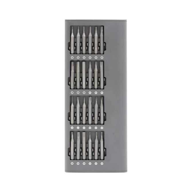 A grey precision tool kit featuring multiple screwdriver bits organized in a compact case with a logo.