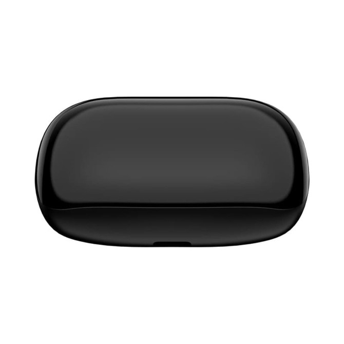 A sleek black charging case for earbuds, with a smooth surface and rounded edges. It features a logo on the front.