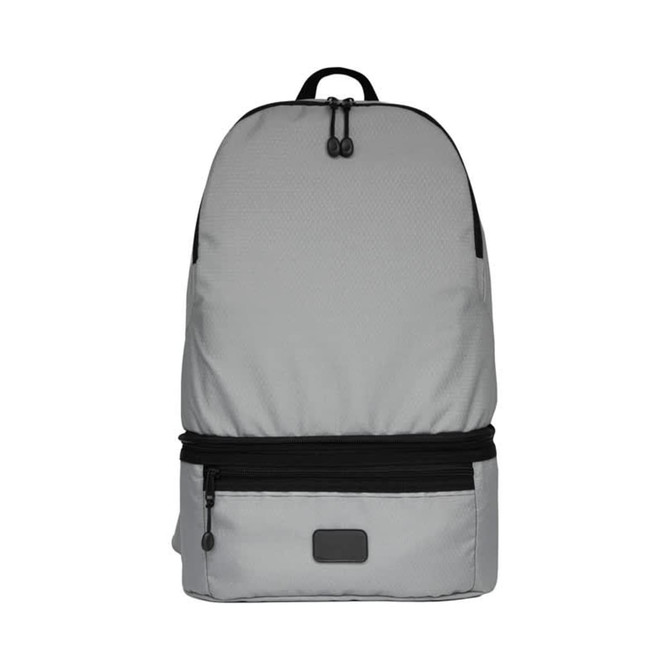 A grey bum bag with a black zipped pocket at the front and a logo on the side.