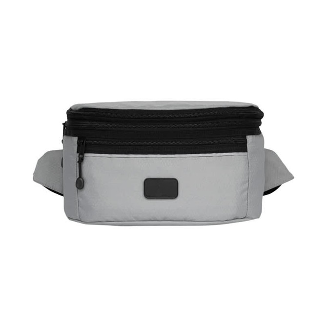 A grey and black combo eco convertible bag with multiple zippered compartments and an adjustable strap.