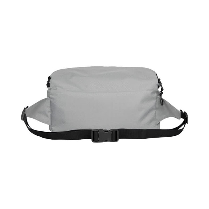 A grey bum bag with an adjustable strap and buckles. The bag features a logo on the front.