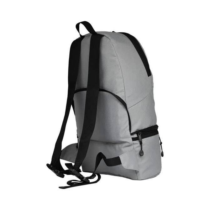 A grey eco-friendly convertible bum bag with adjustable straps and multiple zip compartments. Features branding.