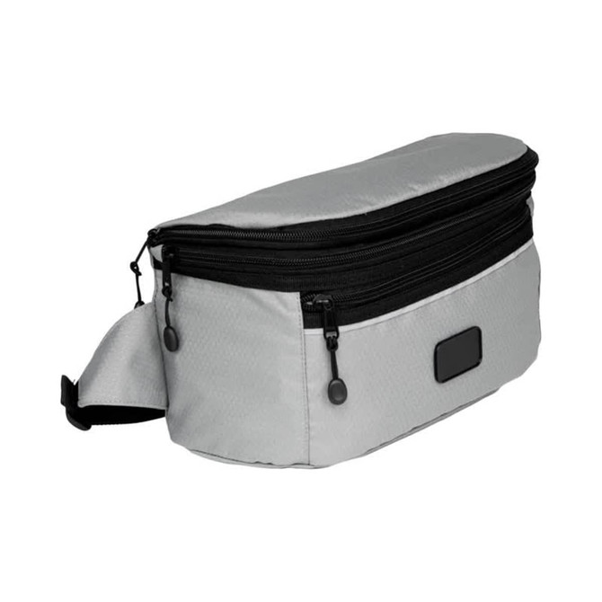 A grey bum bag with a zipped compartment and adjustable strap, featuring a logo on the front.