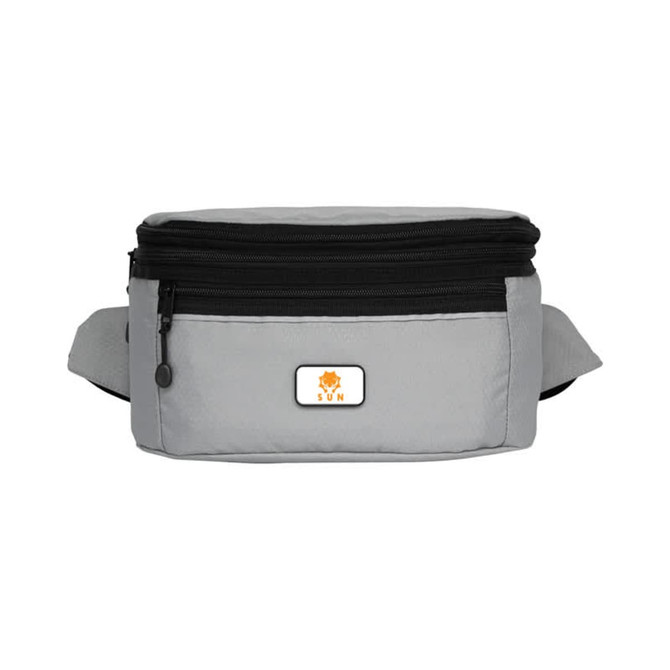A grey bum bag with a zippered compartment, featuring a small logo on the front.