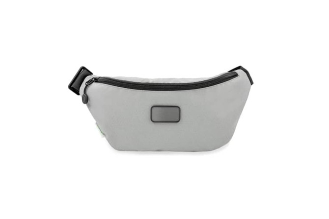 A grey eco waist bag with a zippered closure and a branding logo featured on the front.
