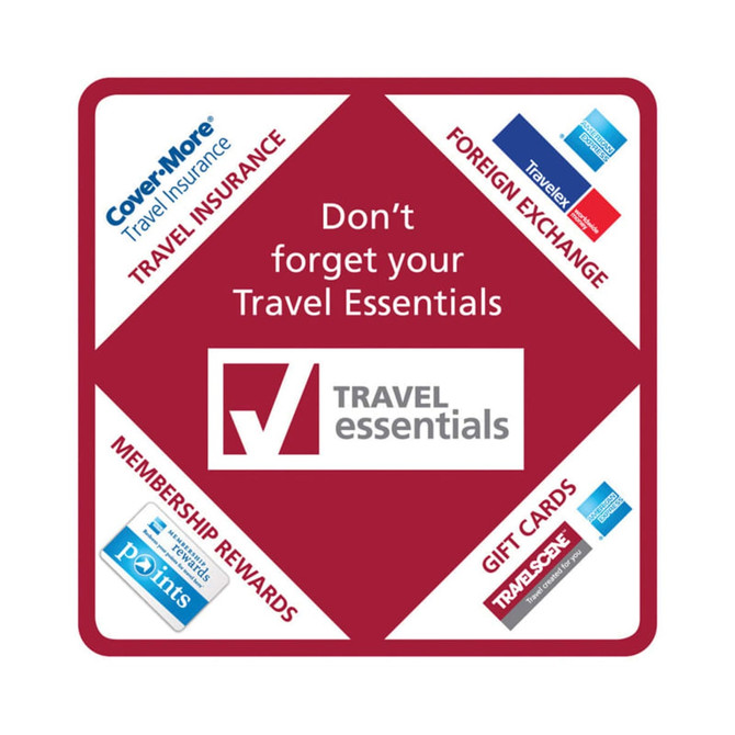 A red and white coaster featuring a central logo for "Travel Essentials" and icons for travel insurance, foreign exchange, membership rewards, and gift cards.