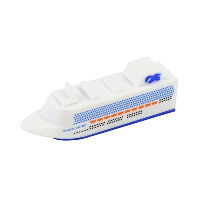 A white boat-shaped USB flash drive with blue and orange detailing, featuring a logo on the side.