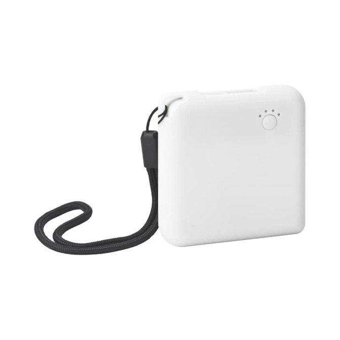 A compact white power bank with a black wrist strap and an indicator light on the side.