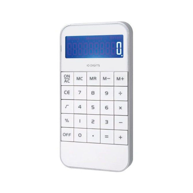 A white calculator with a blue display and numerous buttons, featuring a logo on its surface.
