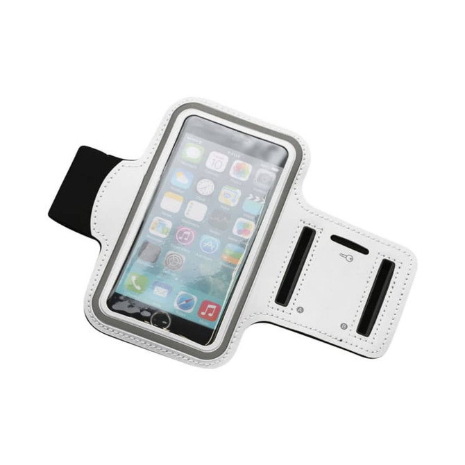 A white armband phone holder featuring a clear screen cover and adjustable strap, suitable for various phone sizes.