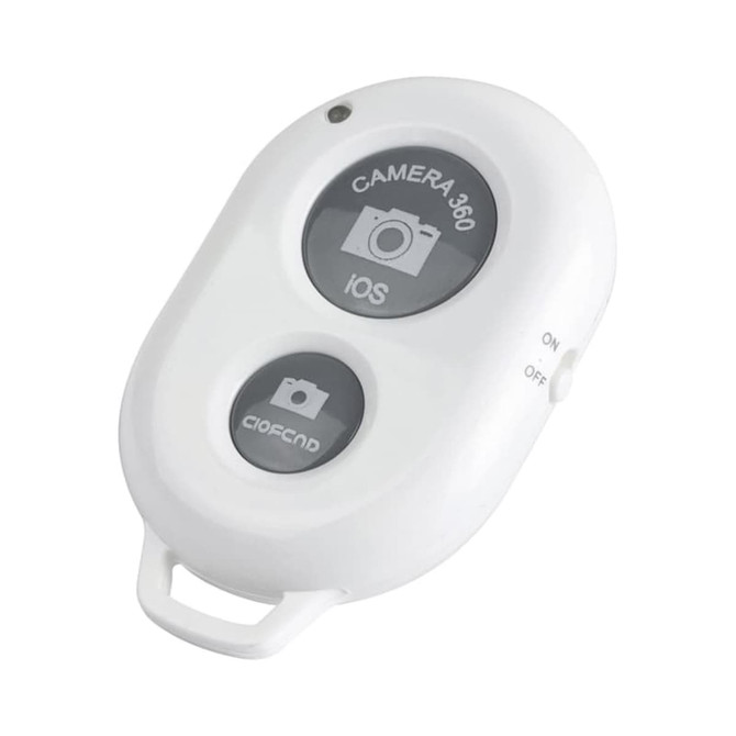 A white selfie button with two buttons labelled for camera functions and an on/off switch.
