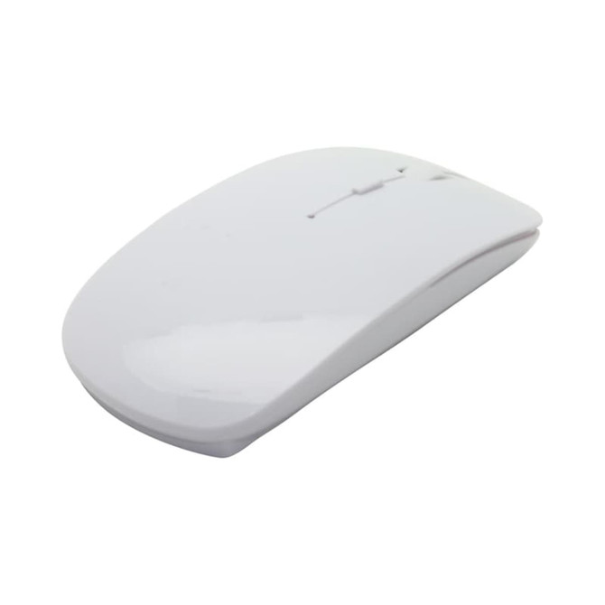 A white wireless mouse with a sleek design, featuring a logo on its surface.