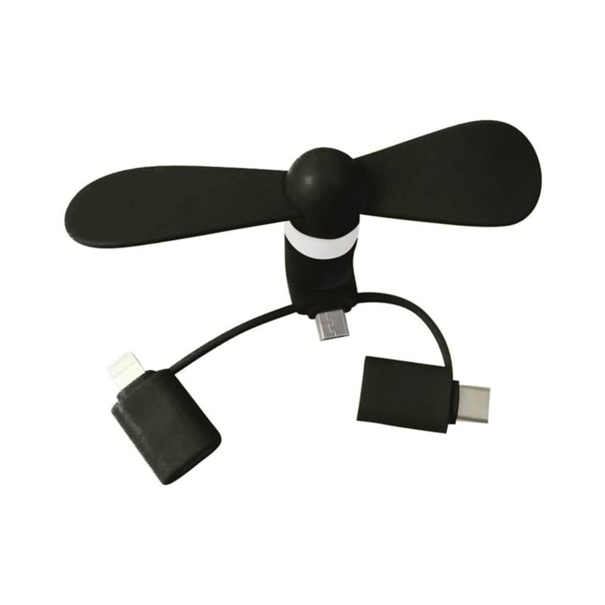 A black phone fan with two connectors for USB and Lightning ports, featuring a simple design.