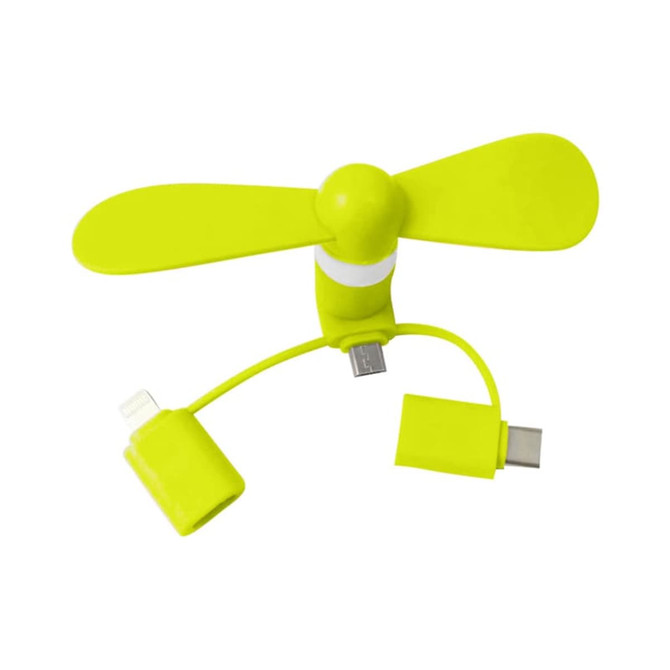 A bright yellow phone fan with two connectors and a flexible cable, designed for easy attachment to devices.