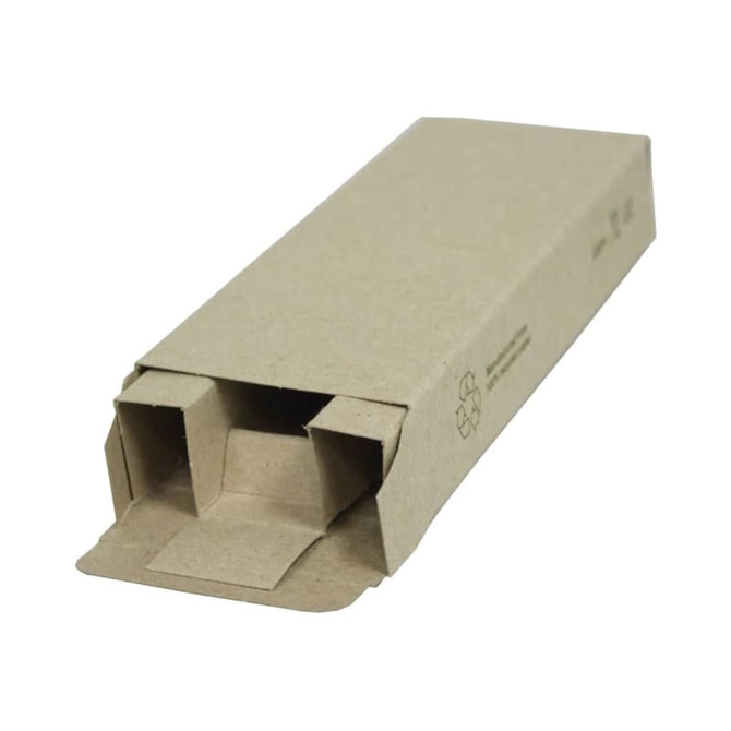 A tapered recycled paper tuck box in a natural brown colour, featuring a flap closure and a logo.