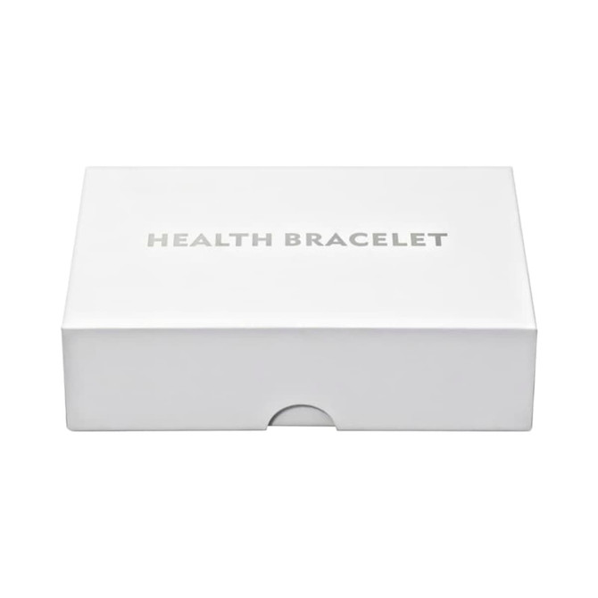 A large white gift box featuring a logo, designed for a health bracelet.