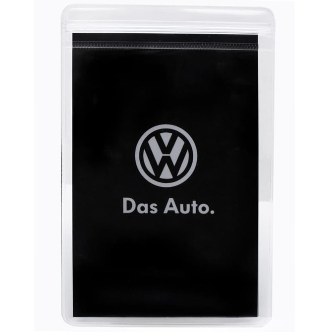 A clear press lock pouch with a black interior and a logo presented on the front.