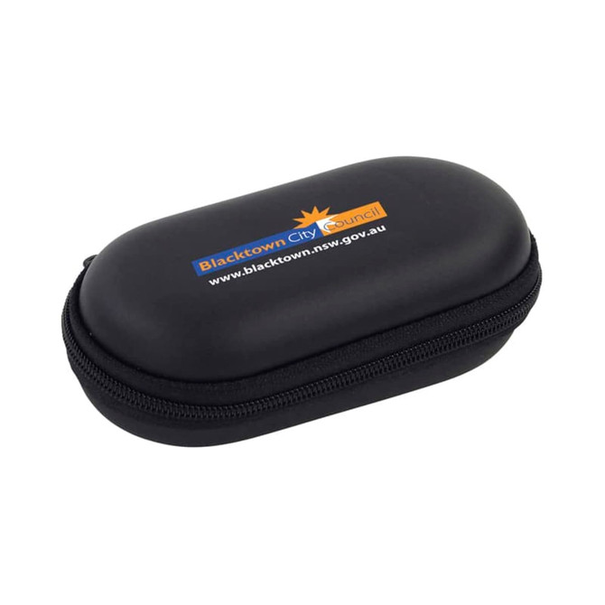 A black zippered case with a rounded shape and a logo printed on the surface.