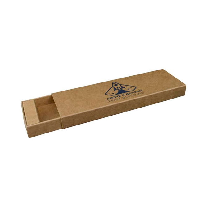 A brown Kraft sliding gift box with an engraved logo, designed for packaging items.