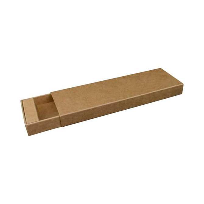 A kraft sliding gift box in brown with an engraved logo. The design features a drawer-style opening.