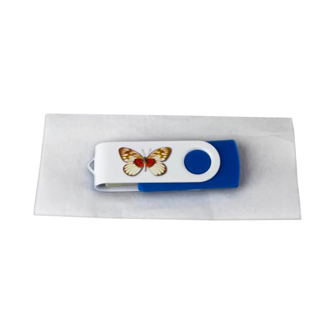 A blue and white tissue wrap featuring a butterfly design, with a branding logo visible.