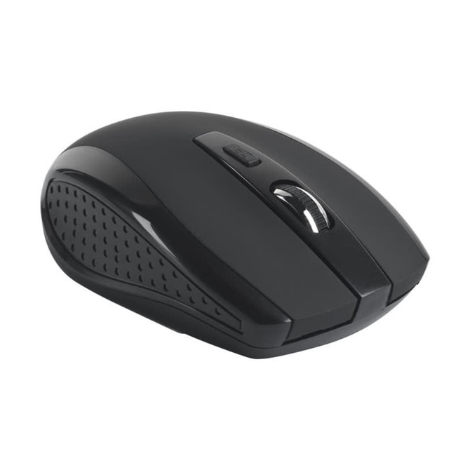 A black wireless mouse featuring a scroll wheel and side buttons, with a textured grip on the underside.
