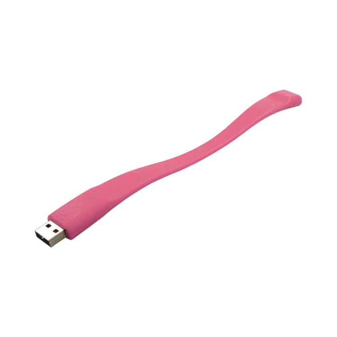 A pink silicone wristband with a USB connector at one end, featuring a branded logo.