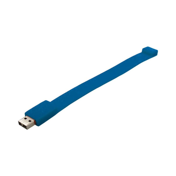 A blue silicone wristband with a USB connector at one end and a logo on the band.