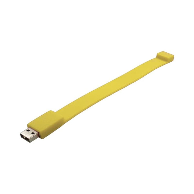 A yellow silicone wristband with a USB connector at one end, featuring a logo.