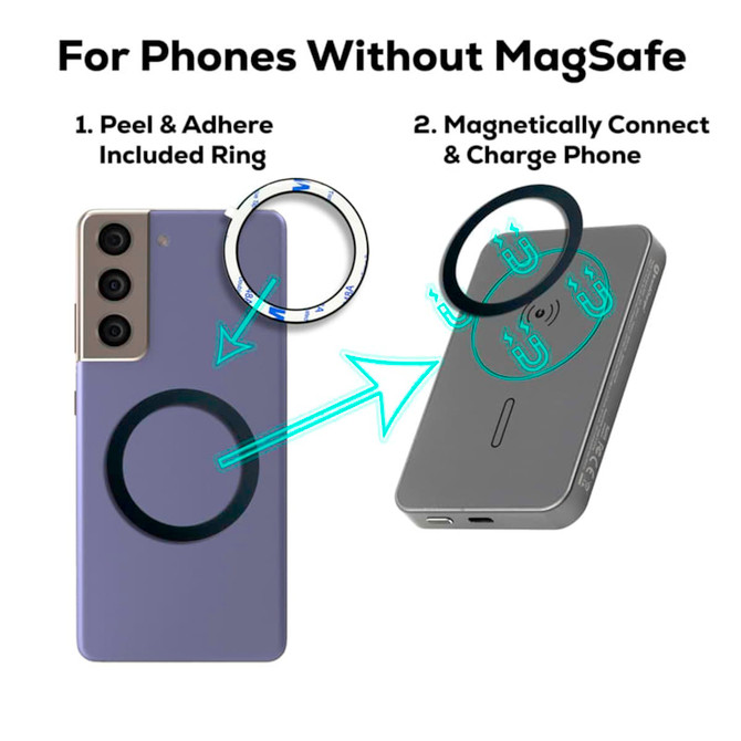 A wireless power bank in grey, with a magnetic connector, designed for charging phones without MagSafe.
