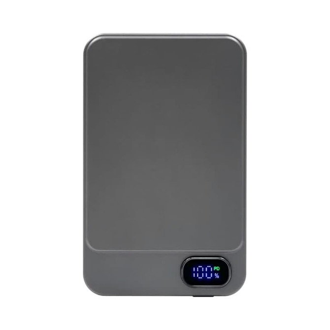 A grey power bank with a digital display indicating battery percentage, featuring a logo.