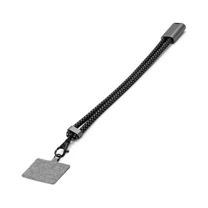 A black and grey eco-phone strap with a braided design and a square attachment point. It features a logo.