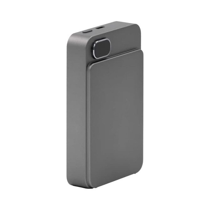A grey, compact magnetic wireless power bank featuring a logo and multiple ports for charging devices.