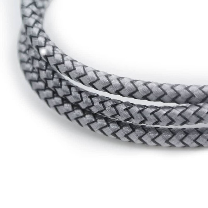 A braided charging cable in grey, featuring an eco-friendly design and a logo.