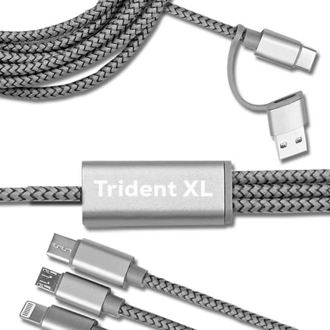 A silver charging cable with a braided texture, featuring multiple connector options and a branding logo.