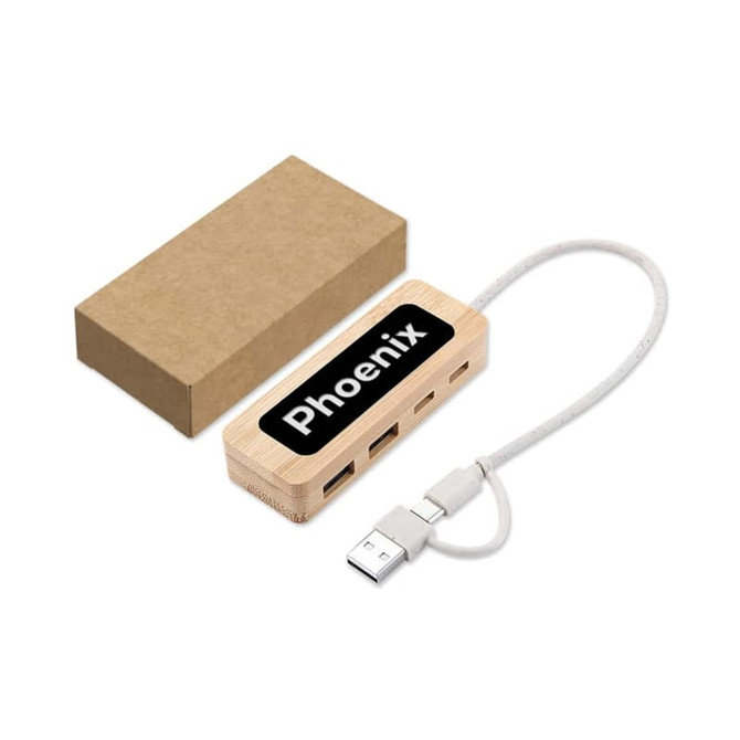 A bamboo USB hub in a box, featuring multiple ports and a cable, with a logo on the top.