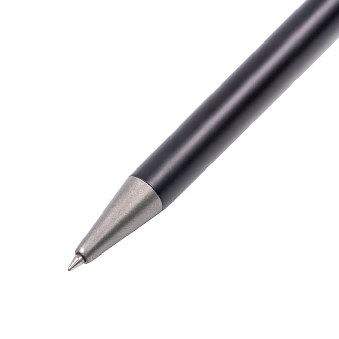 A black Eco Pen with a silver tip, featuring a simple design and a logo on the side.