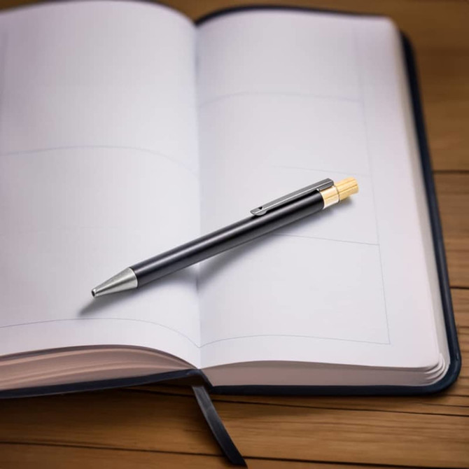 A sleek black eco pen rests on a blank open notebook, showcasing its minimalist design and a branded logo.