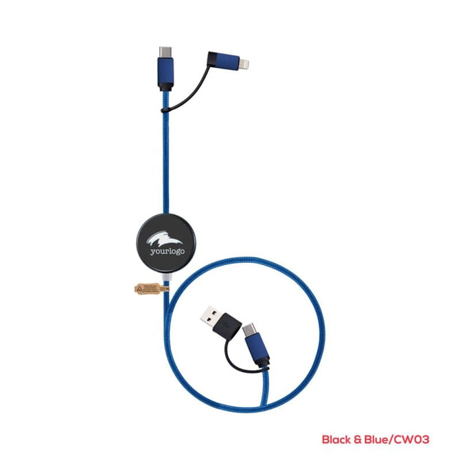 A blue and black fast charge and data sync LED cable with multiple connectors and a logo.