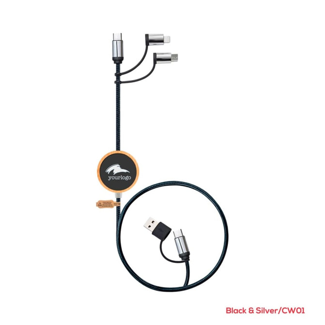 A black and silver LED charging cable with multiple connectors and a round logo tag.