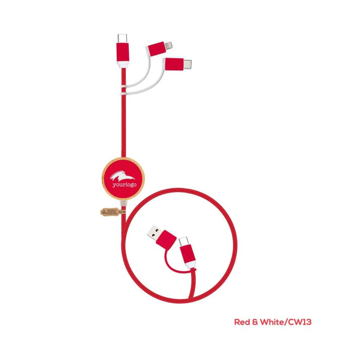 A red and white charging cable with multiple connectors and a circular branding logo.