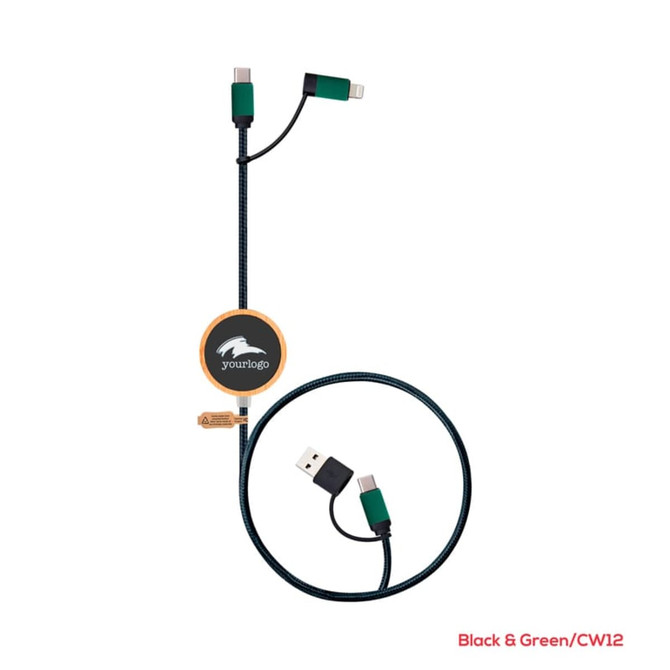 A black and green LED charging cable with a retractable design and multiple connectors for devices. It features a logo.