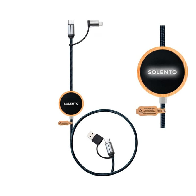 A black and silver charging cable with a retractable design and a round wooden handle featuring a logo.